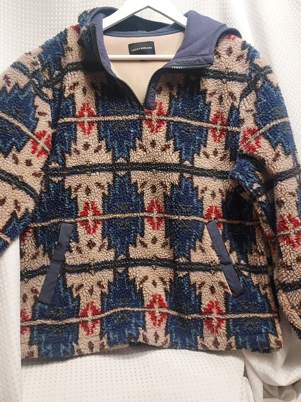 Lucky Brand Men's Tan & Blue Patterned Sherpa Pullover Sweater